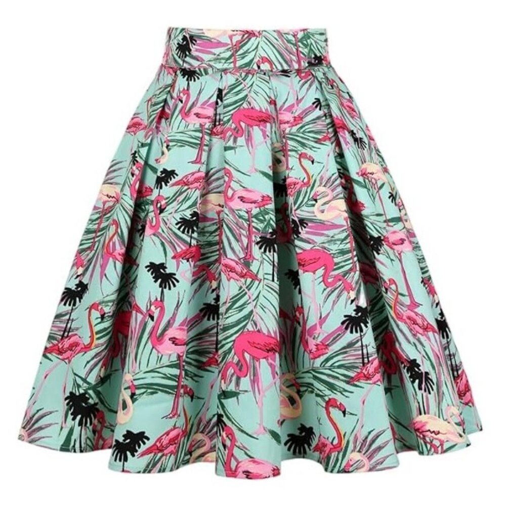 Amazon Women's Flamingo Print Midi Skirt - Pink and Green